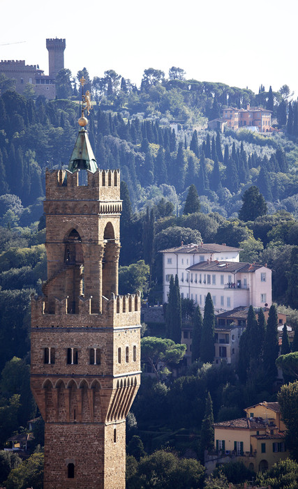 A closed up view of Tower of Palazzo Vecchio