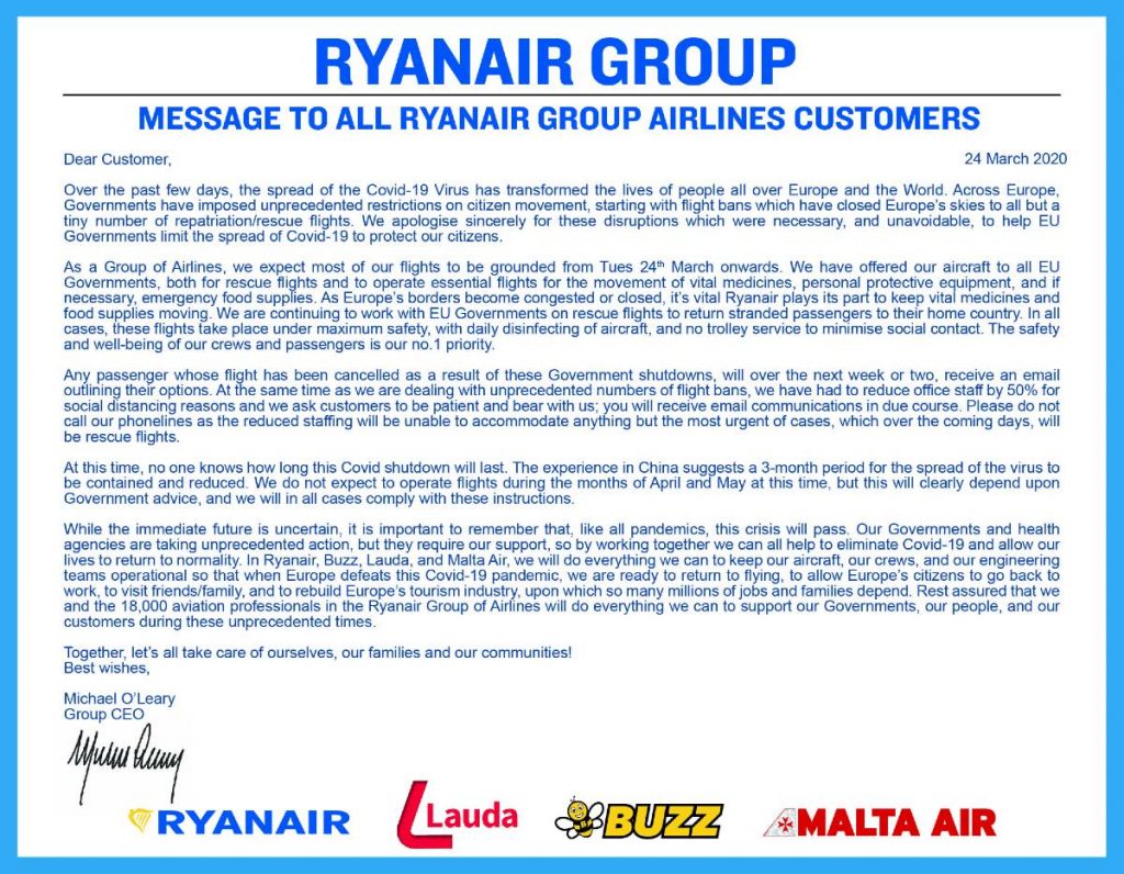 Ryanair μήνυμα για κορονοϊό