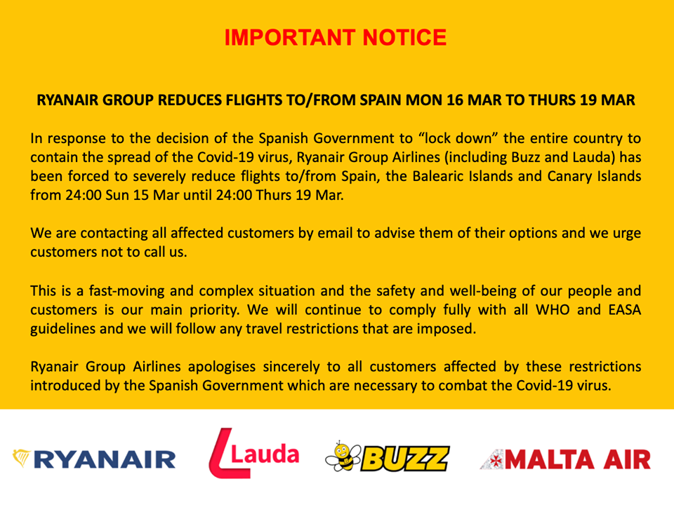 Πτήσεις Ryanair Ισπανία - κορονοϊός