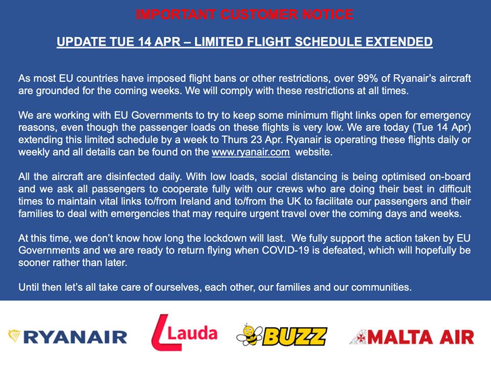 Ryanair ανακοίνωση 14/04/2020
