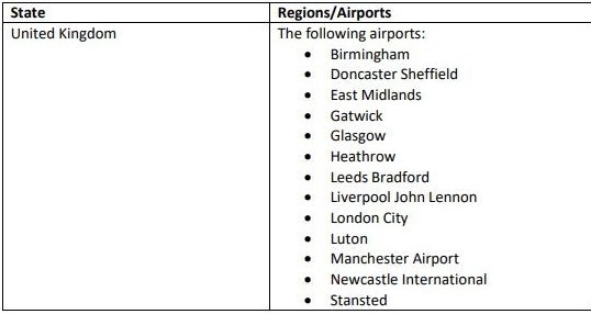 Μαύρη λίστα αεροδρομίων στο Ηνωμένο Βασιλειο