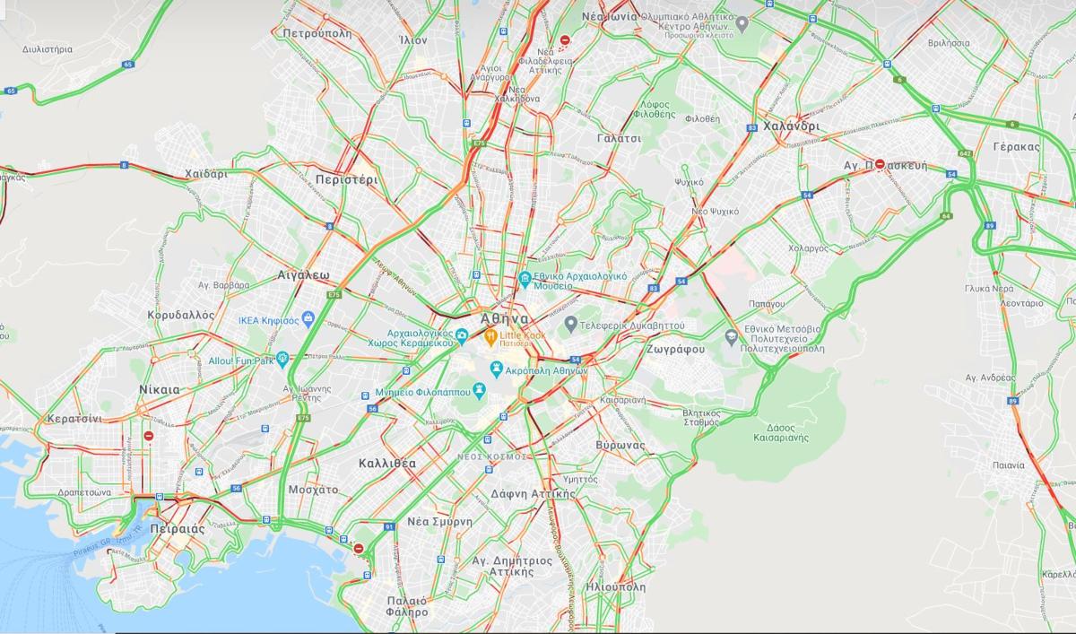 Στο κόκκινο η κίνηση στους δρόμους της Αθήνας 
