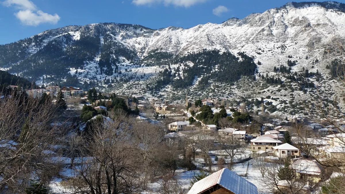 Αγόριανη πανοραμική χωριού χιονισμένο