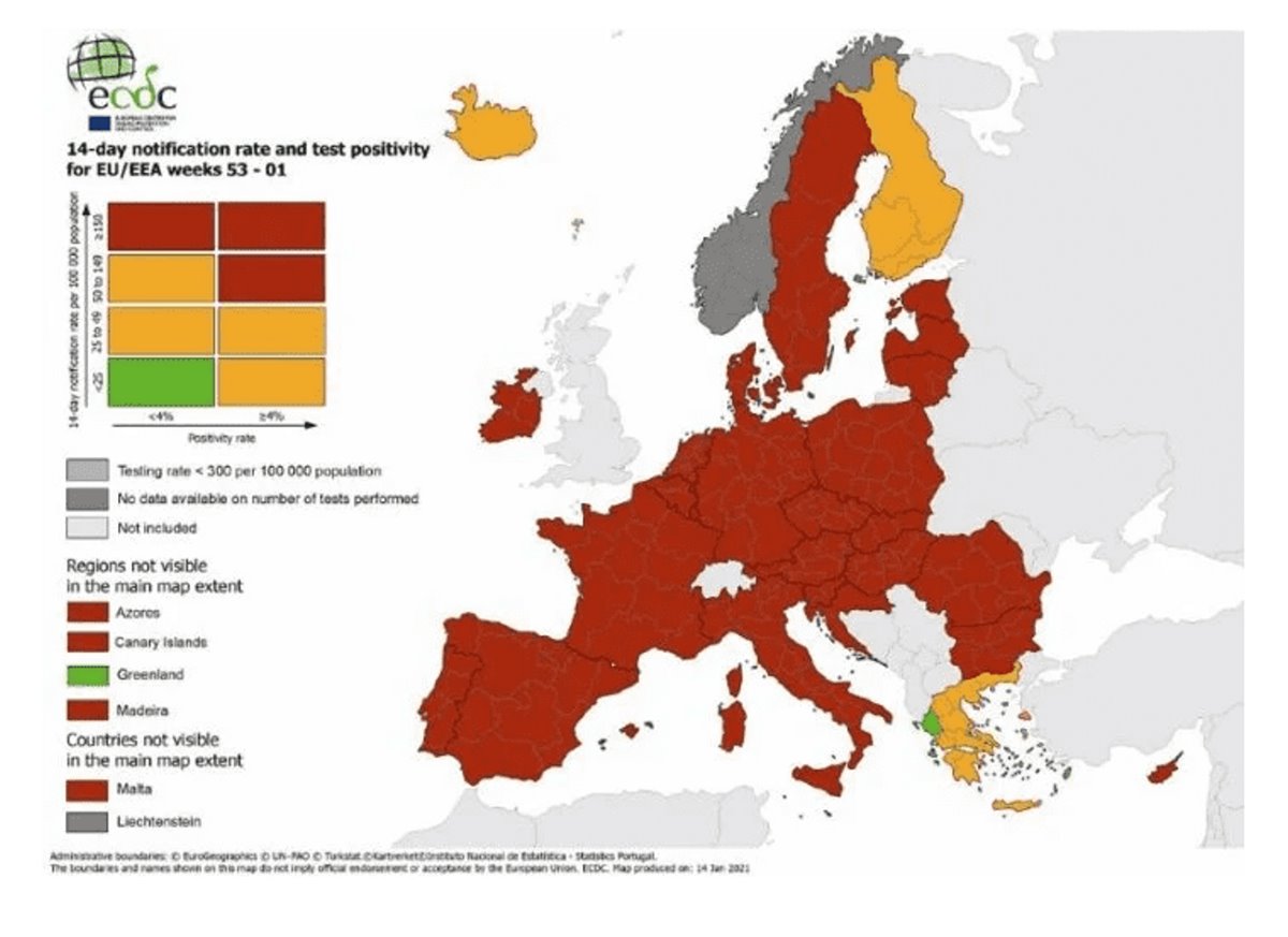 Χάρτης Ευρώπης για κορονοϊό πράσινη περιοχή στην Ελλάδα