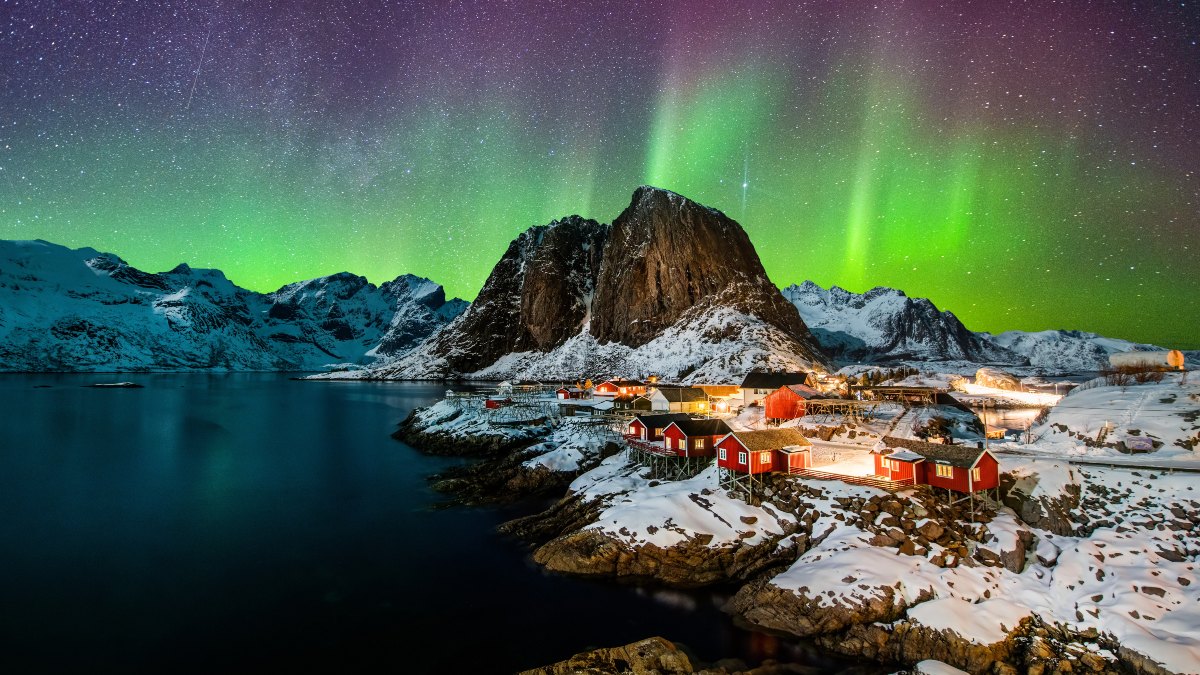 Aurora borealis over Hamnoy in Norway